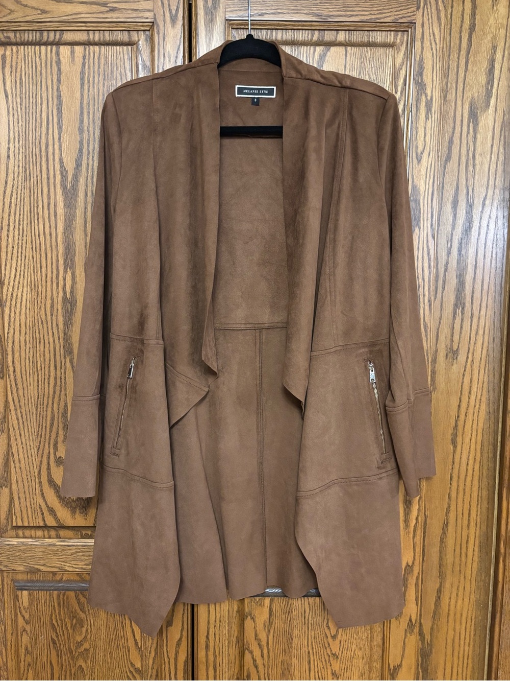 Melanie Lyne Draped Open-Front faux suede long blazer size 8